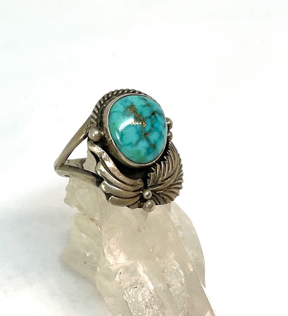 Classic Navajo Double Leaf Ring Sterling Silver with Turquoise - Size 6