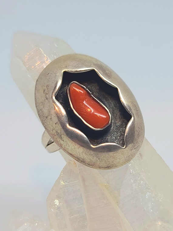 Native American Sterling Silver Ring ft. Coral Cabochon-size 8.5