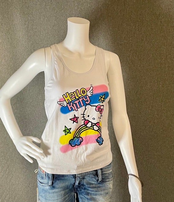 RARE Hello Kitty Ladies Tank Top XL Cute Hand Drawn Stars and Rainbow Style