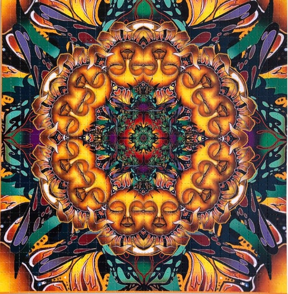 Blotter Art “Sleeping Sunflowers” signed by Grateful Dead artist Mike Dubois. LSD, 1960s, Psychedelic Hippie Culture Art Tree of Life Trippy