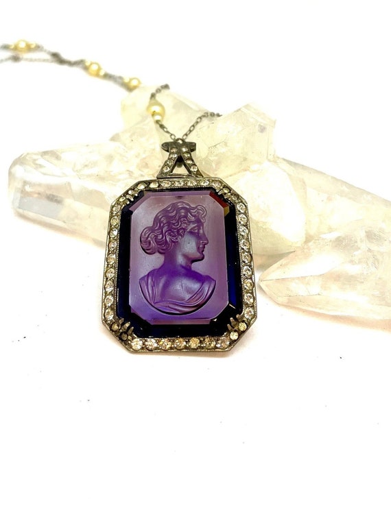 Rare Antique/Vintage Carved  Cameo Amethyst Necklace/PendantFramed with QZ + Sterling Silver and Geuine Pearl Chain! One of a Kind