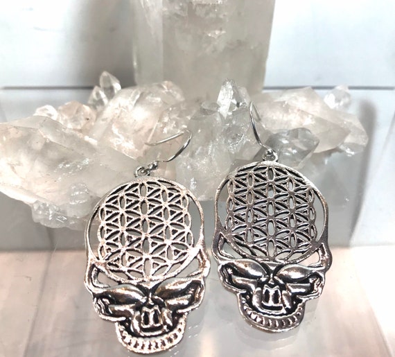 Flower of Life Skull Earrings Bali Silver Style Sacred Geometry
