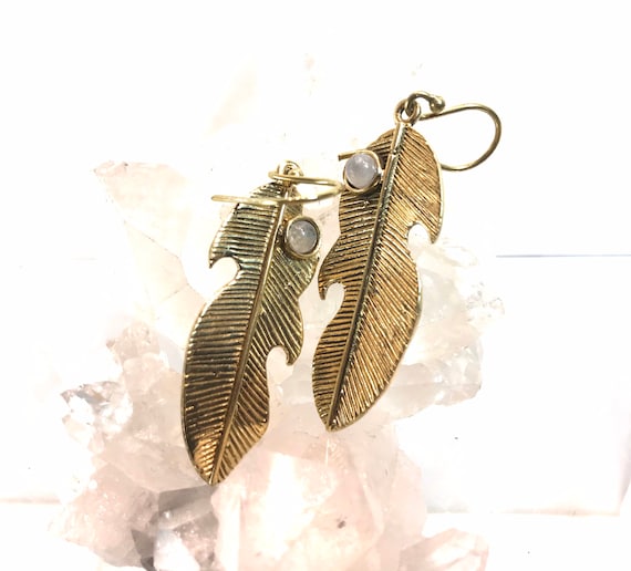 Feather Earrings with Genuine Moonstone Bali Gold Style