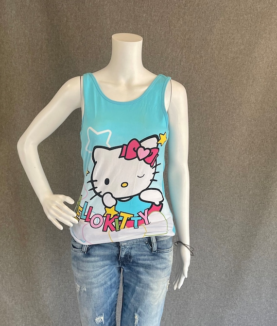 RARE Super Cute Hello Kitty Ladies Tank Top L Blue with Flying Superhero Kitty Winking New With Tags NWT Officially Licensed