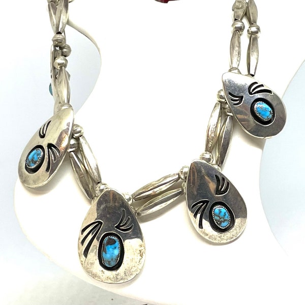 Vintage Navajo Sterling Silver Beaded Traditional Multi Turquoise Pendant Necklace One of a Kind Native American Made