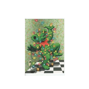 May include: A green bear with a red scarf is tangled in a string of colorful Christmas lights. The bear is standing on a black and white checkered floor.