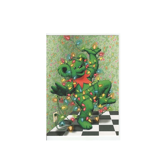 Vintage Grateful Dead Greeting Card Dancing Bear Putting Up/Tangled in Lights Winter Christmas Xmas Officially Licensed 2 pk
