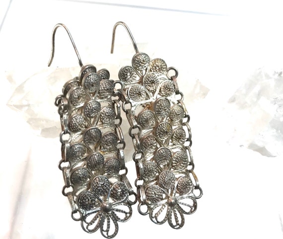 Vintage Native American Sterling Silver Floral Chain Earrings. One of a Kind.