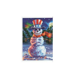 May include: A snowman with a skull face wearing a red, white, and blue top hat with stars. The snowman is standing in a snowy landscape with trees and a full moon in the background.