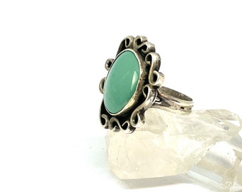 Classic Navajo Swirl Design Ring Sterling Silver with Turquoise - Size 6 3/4