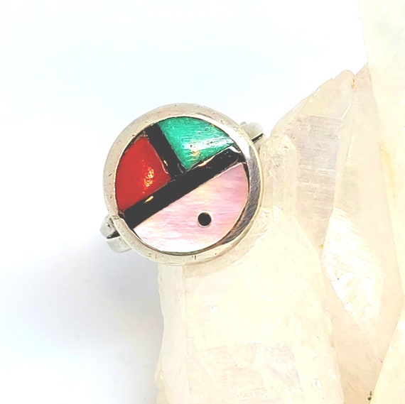 Vintage Native American Sterling Silver Ring with Inlay of Mother of Pearl Onyx Coral Turquoise size 6