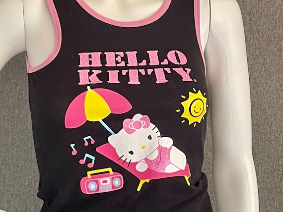 RARE Super Cute Hello Kitty Ladies Tank Top Youth L with Sparkles Beach Scene Vacation