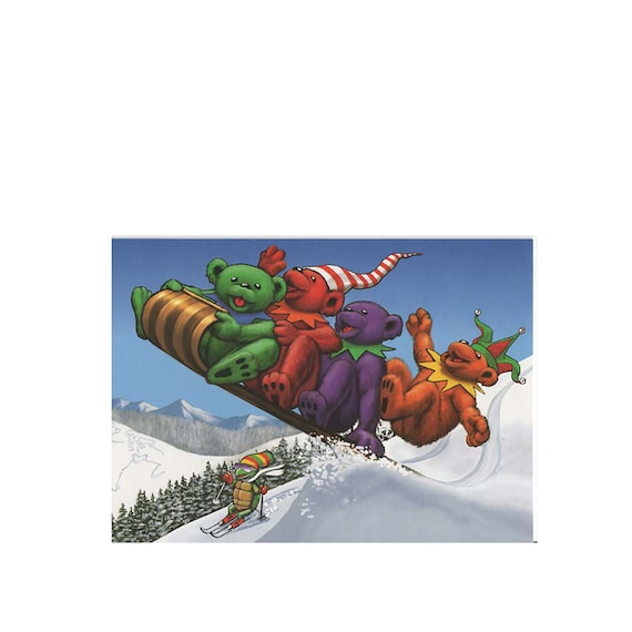 Vintage Grateful Dead Greeting Card Dancing Bears Sledding Through the Snow Winter Officially Licensed 2 Pack