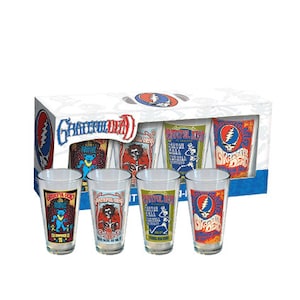 Collectible Grateful Dead Pint Glasses 4-Pack Officially Licensed Dead and Company 4 Iconic Shows Ithica Beacon Winterland American Deadhead