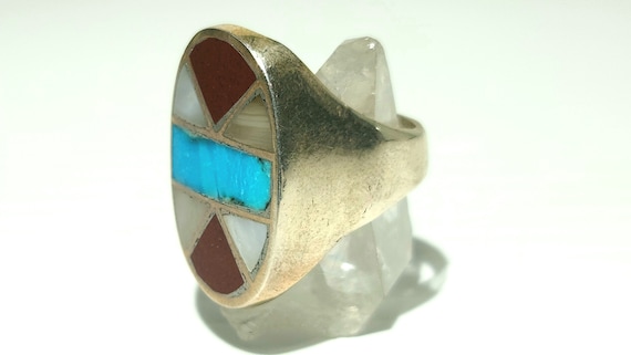 Vintage One of a Kind Navajo Sterling Silver Ring with Inlay of Turquoise, Coral & Mother of Pearl; Size 10