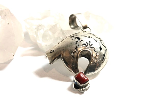 Zuni Bear Pendant Etched with Red Coral
