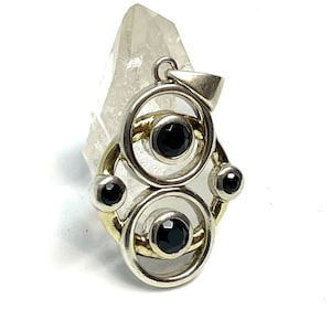 Tri Ring/Circle Pendant Sterling Silver and Gold with Faceted Black Spinel Gemstones Eternal Phases of the Moon Celestial Sacred Geometry