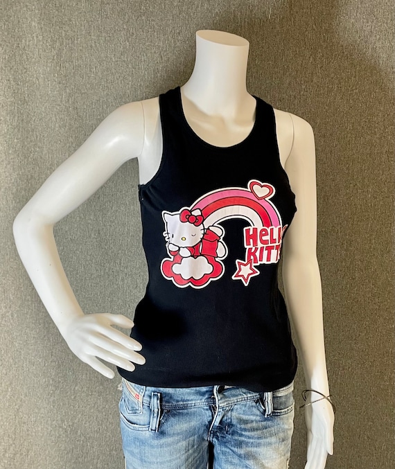 RARE Hello Kitty Ladies Tank Top L Black with Pink and Red Rainbow and Cloud