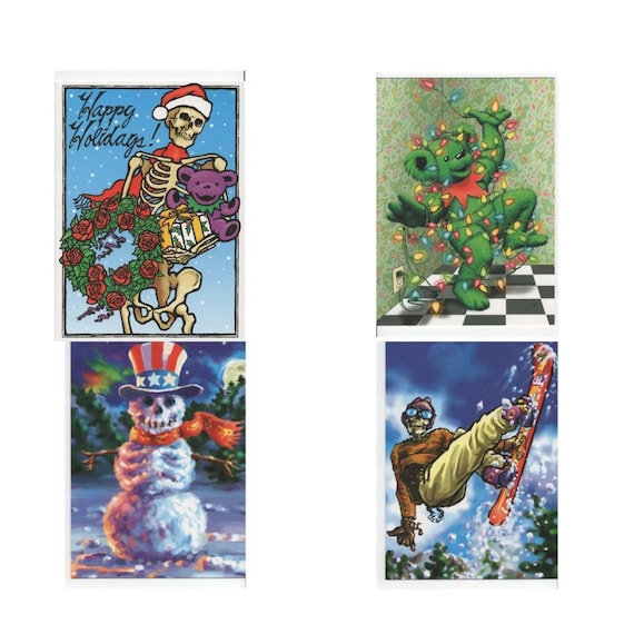 4 Pack Vintage 90s Grateful Dead Greeting Card Snowman Dancing Bear Skeleton Snowboarder Winter Holiday Christmas Xmas Officially Licensed