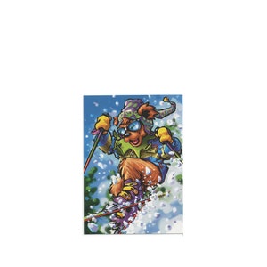 May include: A cartoon bear wearing a purple and green hat, blue and green jacket, and goggles is skiing down a snowy slope. The bear is holding ski poles and has a happy expression on its face.