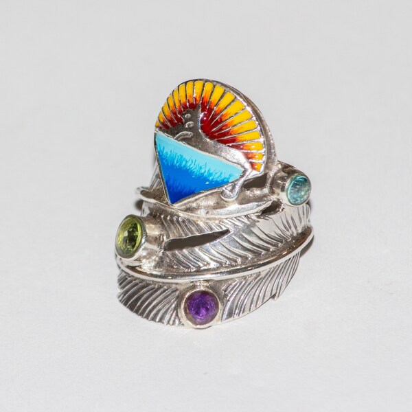 One of a Kind Cats Under the Stars (Jerry Garcia Band) Ring Sterling Silver with Peridot, Blue Topaz, Amethyst. Handmade Deadhead Bling