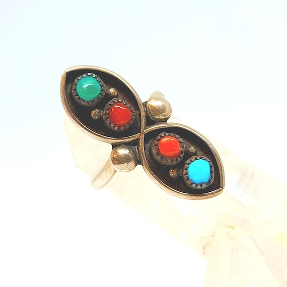 Classic Native American Sterling Silver Ring with Turquoise and Coral- Size 6