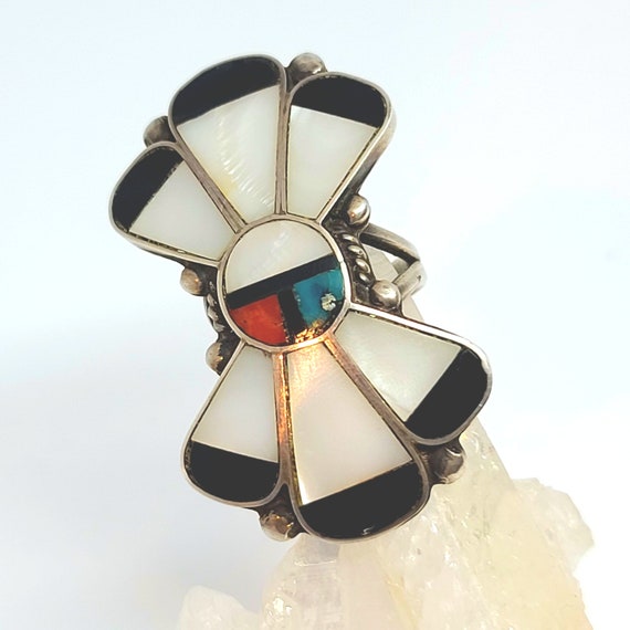 Vintage Native American Sterling Silver Ring with Inlay of Mother of Pearl Onyx Coral Turquoise size 7