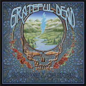 May include: A 2020 wall calendar featuring the Grateful Dead logo, a skull with a floral wreath. The center shows a landscape with a river and mountains, and a blue lightning bolt. The words "Grateful Dead" are at the top.