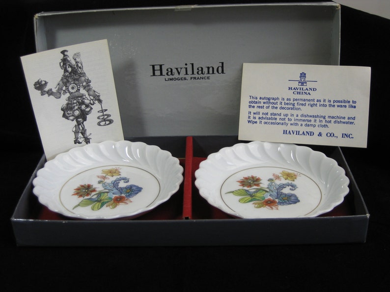 Vintage Haviland boxed small porcelain dish set with gold floral design, signed by Sudwick Haviland 1975, Limoges, France, great gift idea image 1