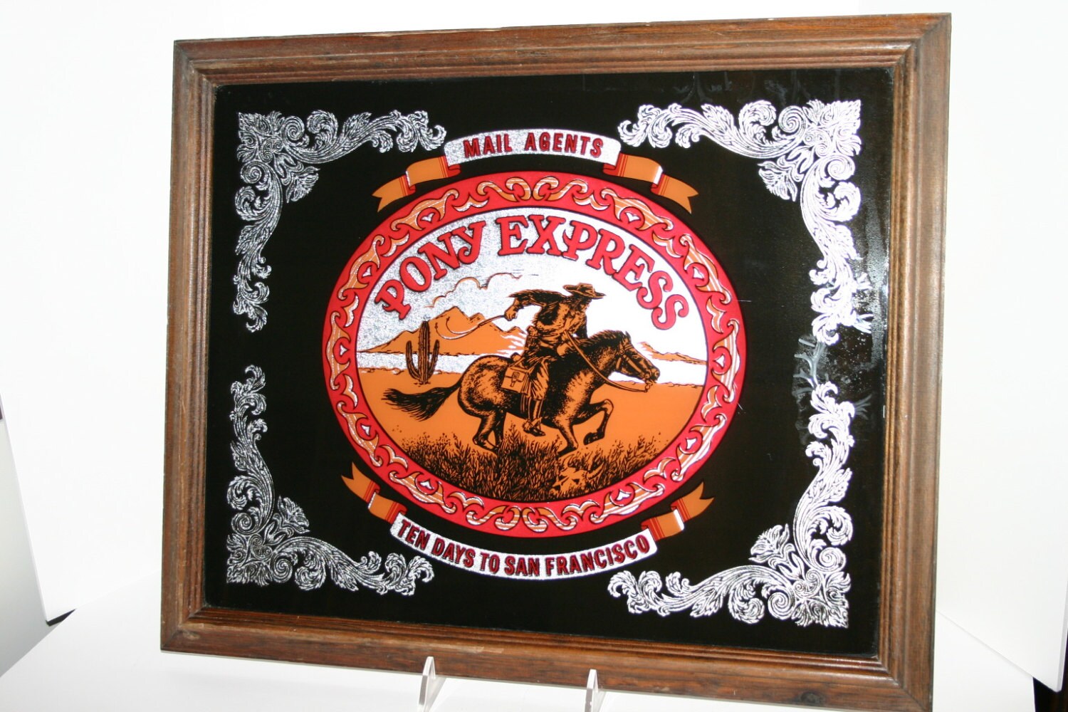 Vintage Pony Express Back Painted Glass 