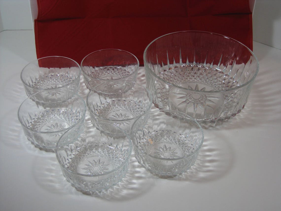Vintage Arcoroc Crystal Glass Salad Bowl Set With 6 Smaller Etsy