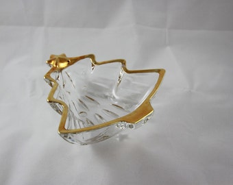 Vintage gold trimmed Christmas tree glass candy dish