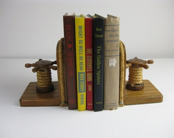 Vintage nautical ship's wheel wood and rope bookends