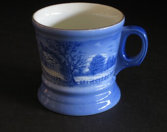 Vintage Currier & Ives Blue ceramic shaving mugs with 4 different Winter scenes