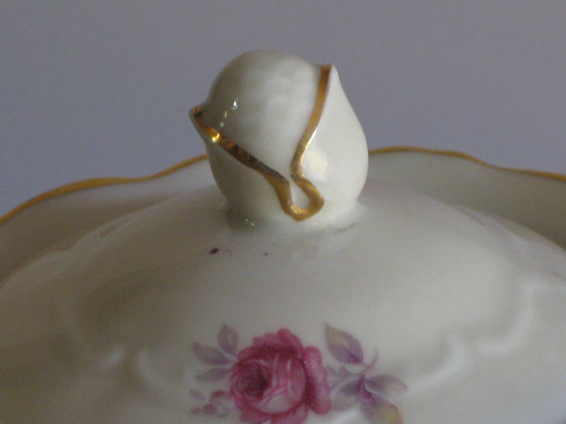 Vintage Mosa Maastricht porcelain china sugar bowl rose pattern with gold trim