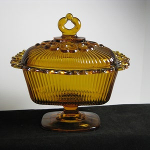 Vintage Indiana Glass Lace Edge amber pedestal lidded candy dish 1958