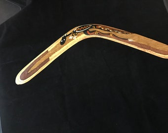 Vintage Australian wooden hand-painted boomerang 17 inches, stylized art work from aboriginal families