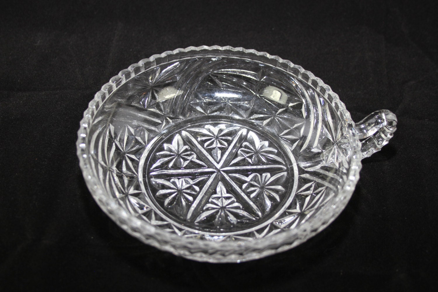 Vintage Crystal Pressed Glass Candy Dish With Ribbed Handle and