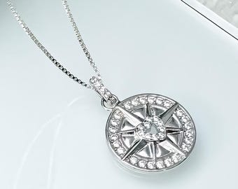 Sterling Silver Compass Necklace, CZ North Star Pendant Jewelry for Women, Travel Adventure Necklace, Graduation or Birthday Gift