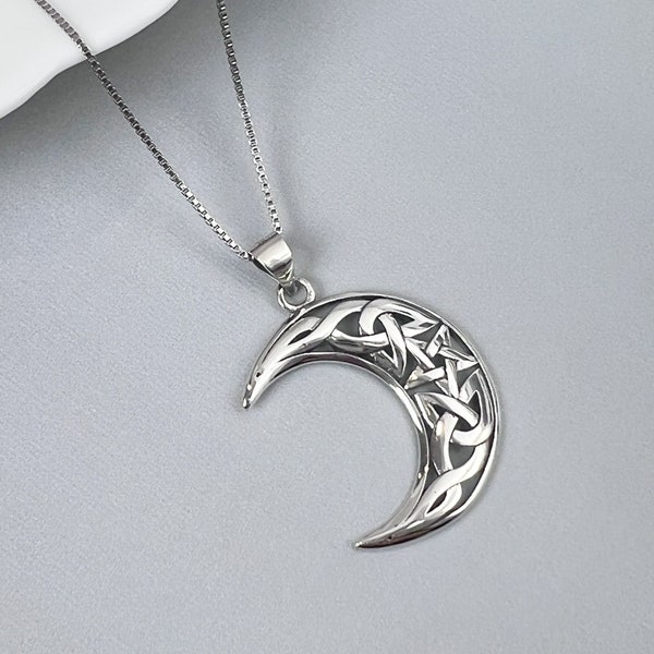 Sterling Silver Celtic Crescent Moon and Star Necklace with Oxidized Finish, Celtic Necklace, Irish Jewelry, Wife Gift Necklace