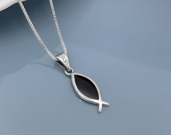 Black Onyx Necklace, Ichthus Necklace, Sterling Silver Ichthus Necklace, Fish Pendant Necklace, Christian Necklace, Christianity Necklace