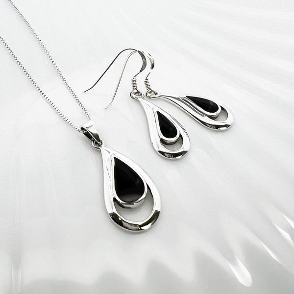 Sterling Silver and Black Onyx Teardrop Pendant Necklace and Earrings Set, Wife Gift Earrings, Best Friend Gift Earrings, Black Jewelry Set