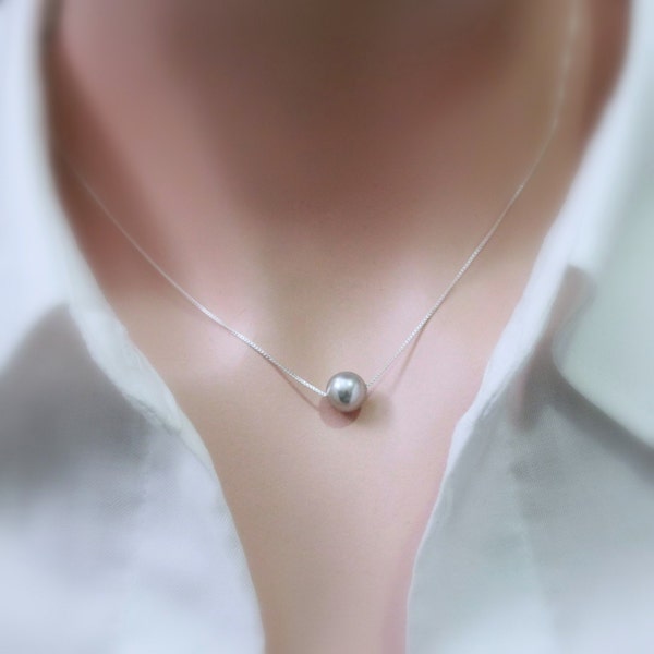 Pearl Necklace, Swarovski Light Grey Pearl Necklace, Floating Pearl Necklace, Single Pearl Necklace, Pearl Choker Necklace, Gift for Her