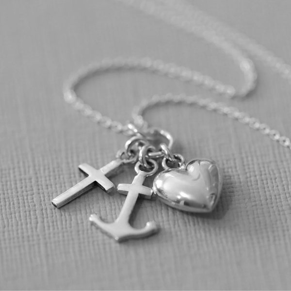 925 Sterling Silver Cross, Heart and Anchor Necklace, Faith Hope and Charity Necklace for Women and Girls, First Holy Communion Present