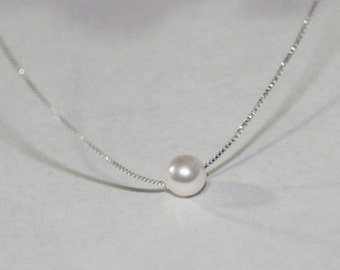 Solitary Pearl Necklace, Single Pearl Necklace, Floating Pearl Necklace, Bridesmaid Necklace, Gift for Her, Gift for Mom, Wife Gift, Choker