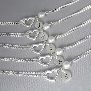 Custom Color Sterling Silver Heart Bracelet, Sterling Silver Heart and White Crystal Pearl Bracelet, Bridesmaid Proposal Bridal Party Gift