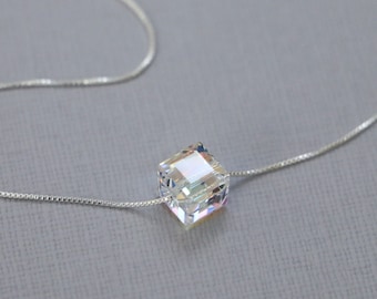 Cube Necklace, Swarovski Cube Crystal on Sterling Silver Necklace Chain, Layering Necklace, Gift for Her, Gift for Mom, Gift for Wife