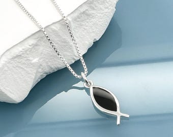 Sterling Silver Ichthys Necklace, Black Onyx Christian Fish Pendant Jewelry for Women, Faith Symbol Necklace Gift