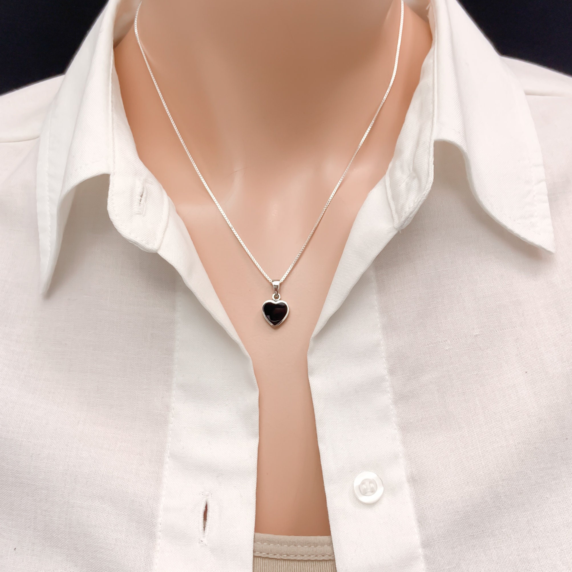★ROSEMONT★ Silver Black Onyx Heart Necklace RC24B03K Black Onyx Heart Pendant Necklace/black Stone Heart Charm