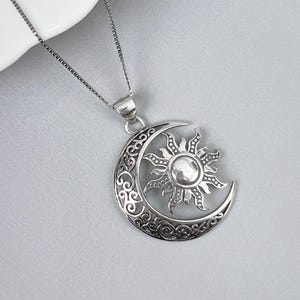 Sterling Silver Sun and Moon Pendant Necklace, Girlfriend Gift Necklace, Wife Christmas Gift Necklace, Grandmother Gift Necklace